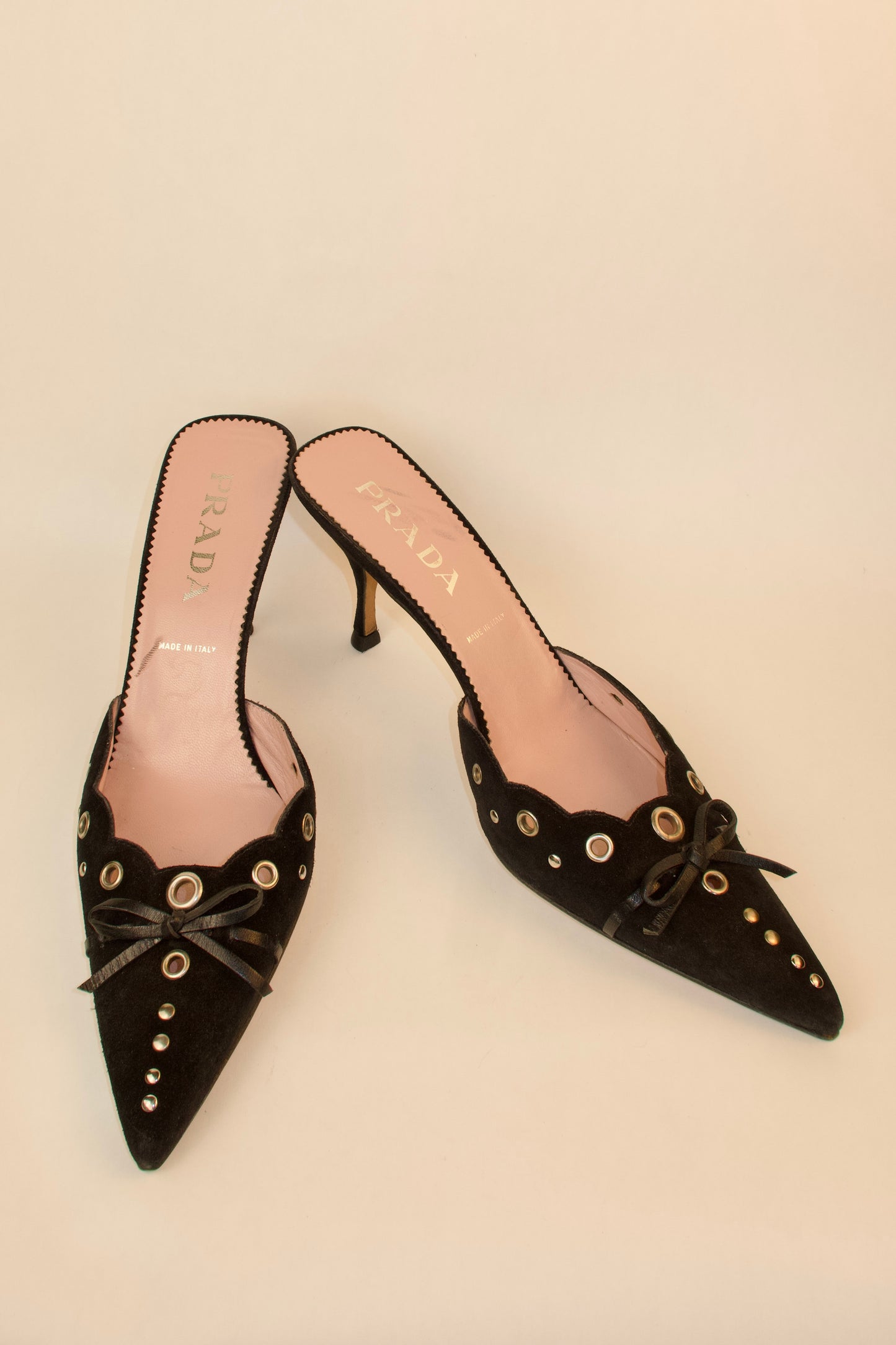 Prada — Vintage Black Suede Studded Grommet Kitten Heel Mule