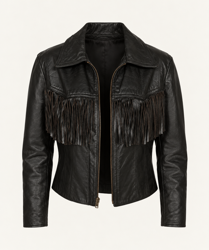 Vintage Black Leather Fringe Jacket