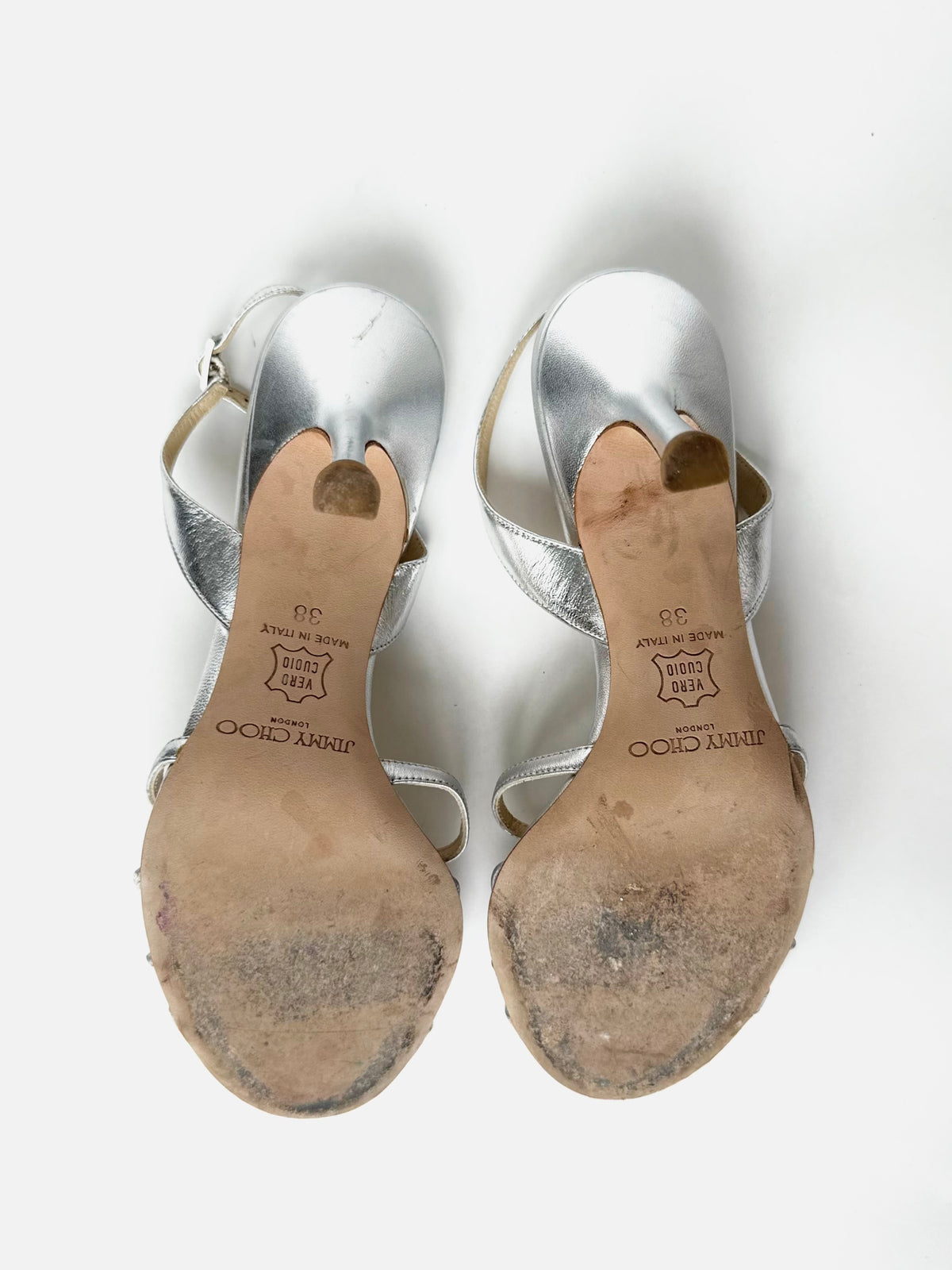 Silver Metallic Leather Disc Strap Slingback Sandal