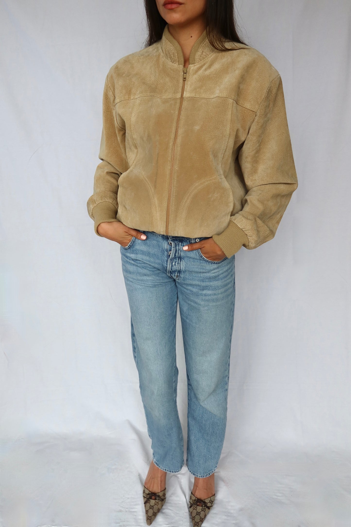 Tan Suede Bomber Jacket