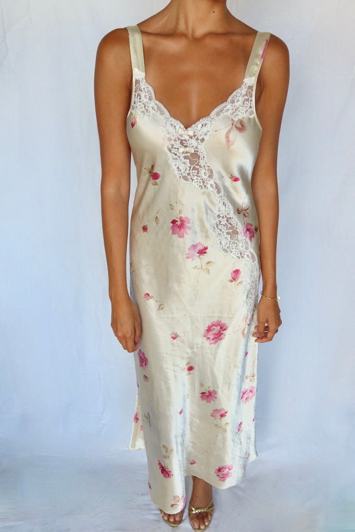 Vintage Christian Dior Floral Lace-Trim Silk Slip Dress