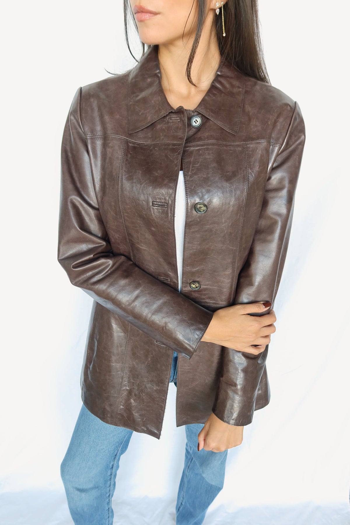 Glossy brown leather jacket, view 5