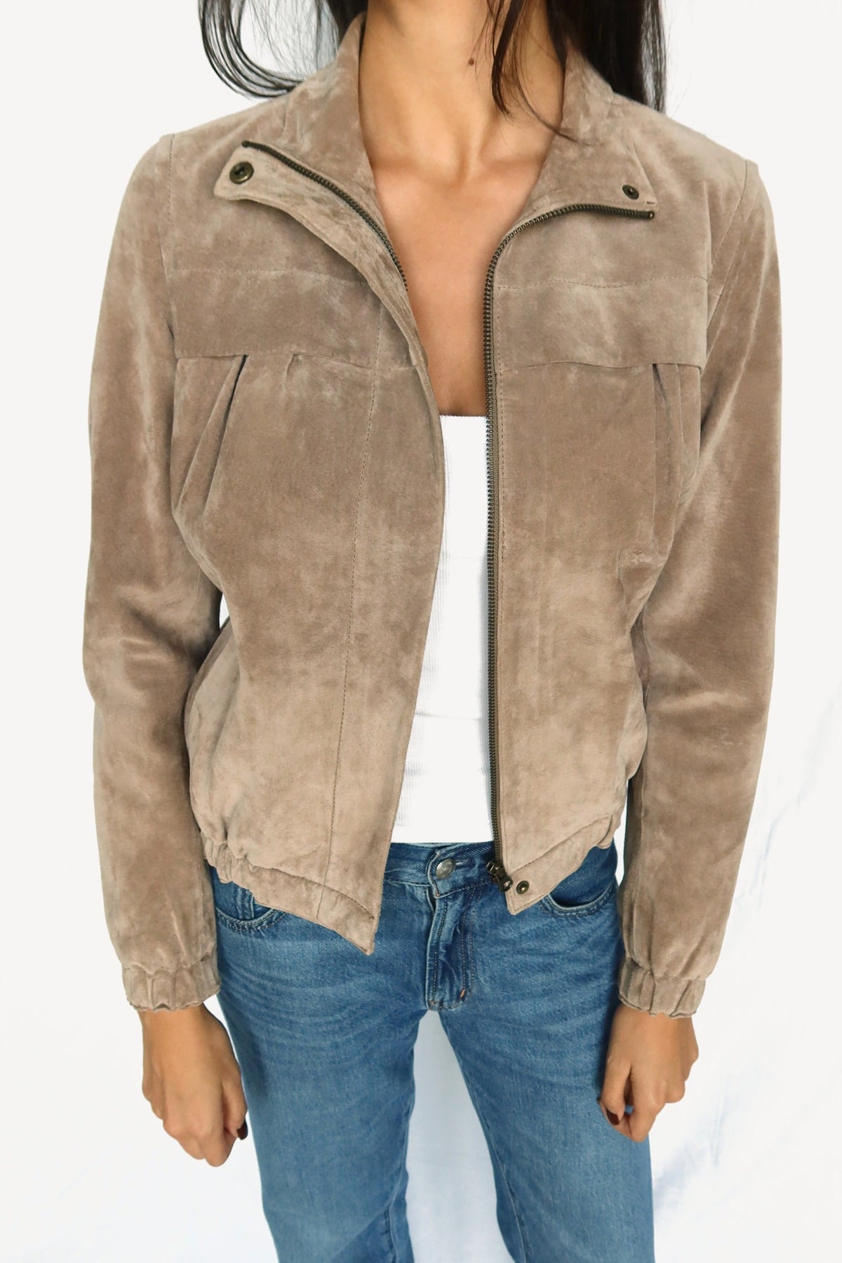 Taupe suede bomber jacket, front view