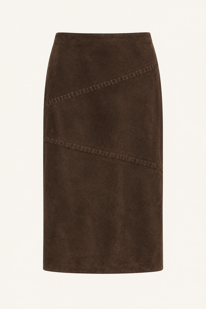 Vintage Brown Suede Leather Midi Skirt