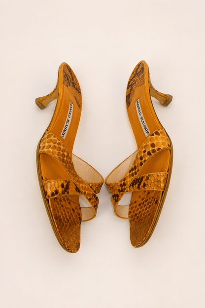 Manolo Blahnik — Vintage Orange Python Snakeskin Cross-Strap Mule