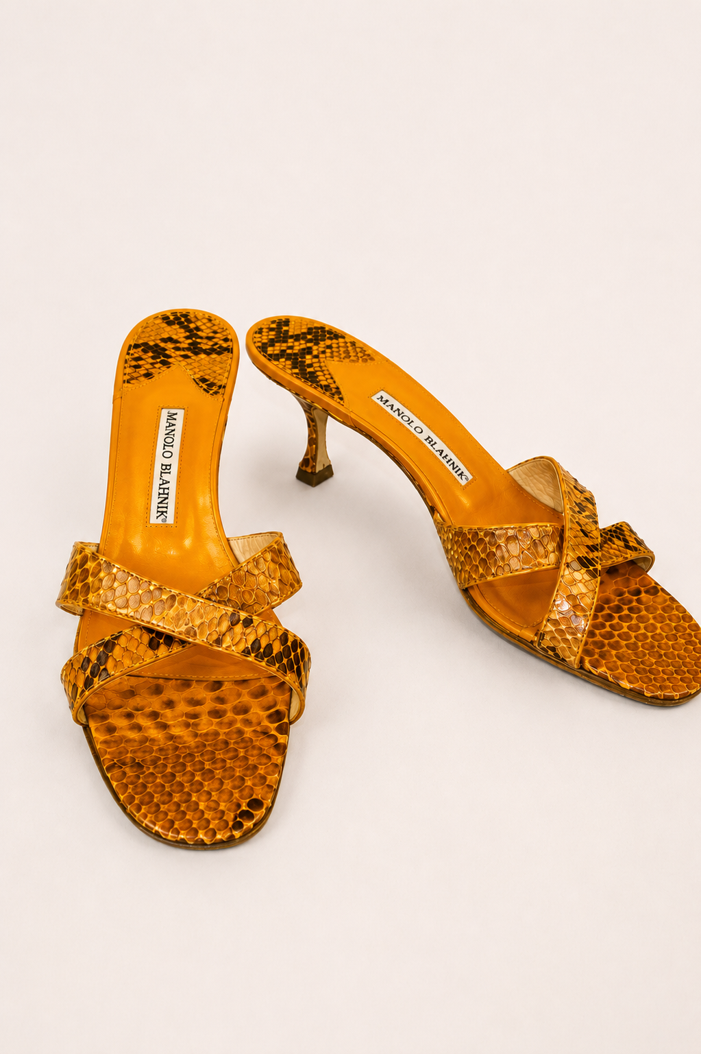 Manolo Blahnik — Vintage Orange Python Snakeskin Cross-Strap Mule