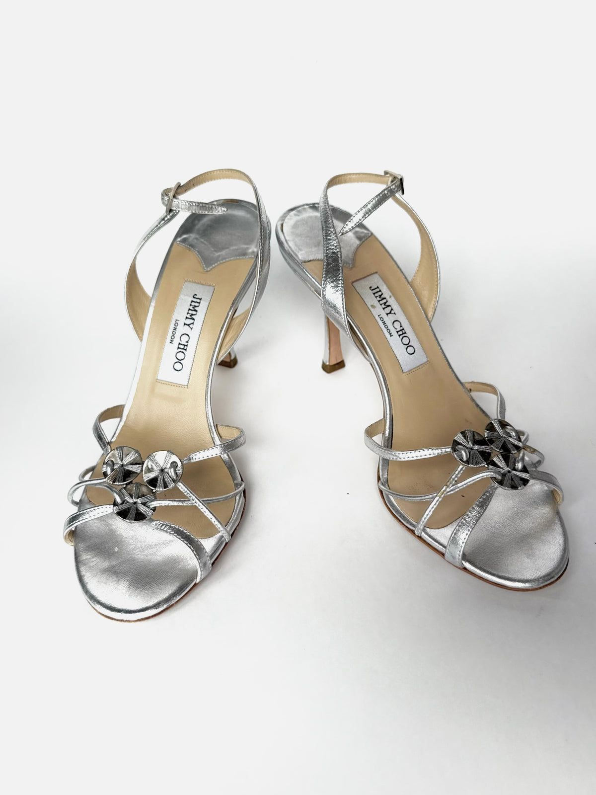 Silver Metallic Leather Disc Strap Slingback Sandal