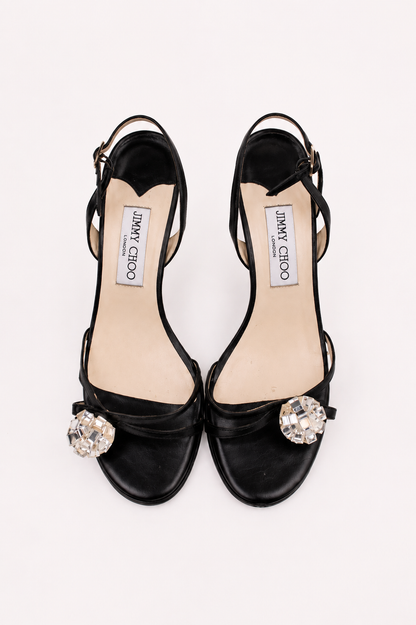 Jimmy Choo — Vintage Black Leather Crystal Cluster "Disco Ball" Slingback Sandal