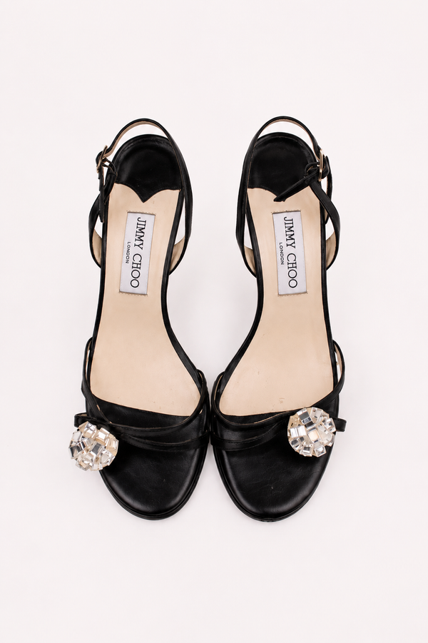 Jimmy Choo — Vintage Black Leather Crystal Cluster "Disco Ball" Slingback Sandal