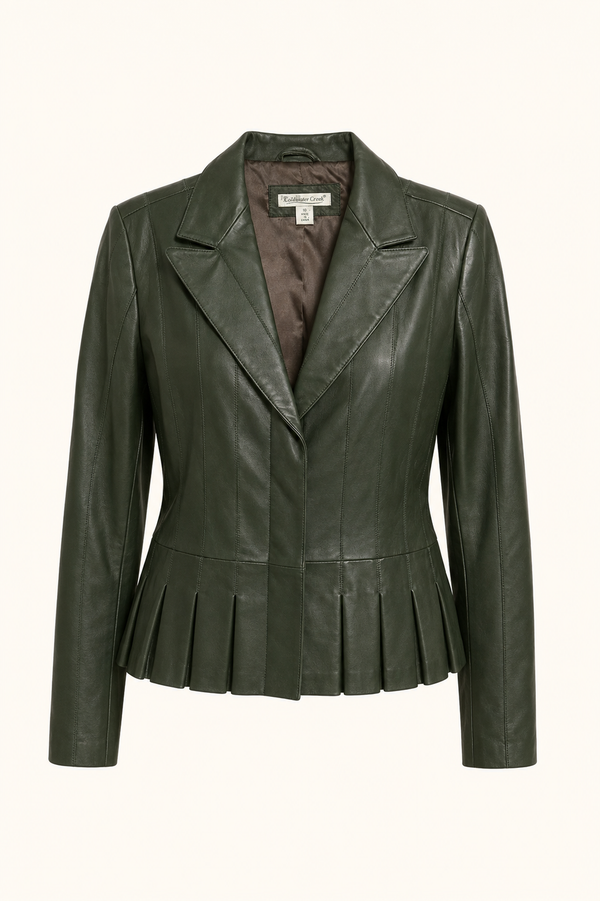 Vintage Green Leather Blazer, Pleated Hem