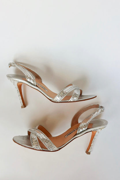 Manolo Blahnik — Silver Sequin Crossover Strap Slingback Sandal