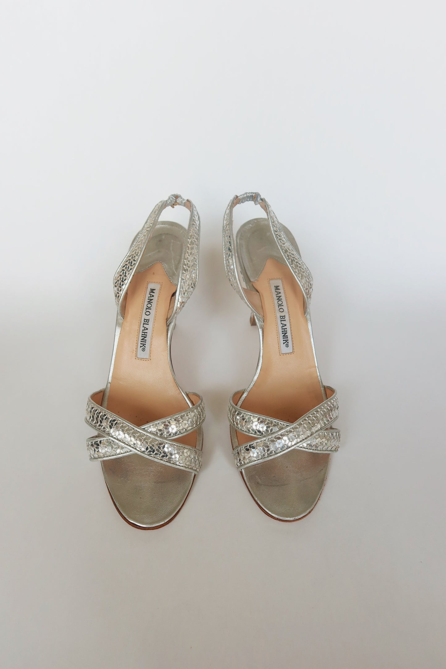 Manolo Blahnik — Silver Sequin Crossover Strap Slingback Sandal