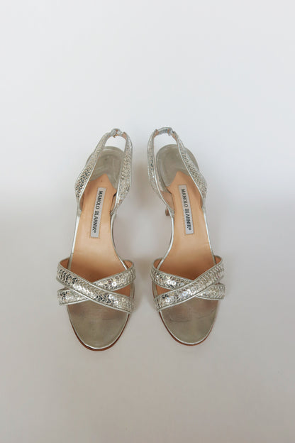 Manolo Blahnik — Silver Sequin Crossover Strap Slingback Sandal