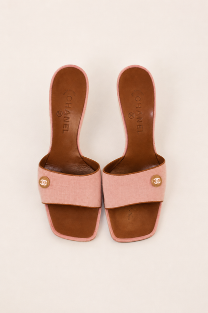 Chanel — Vintage Pink Canvas CC Button Mule Heel
