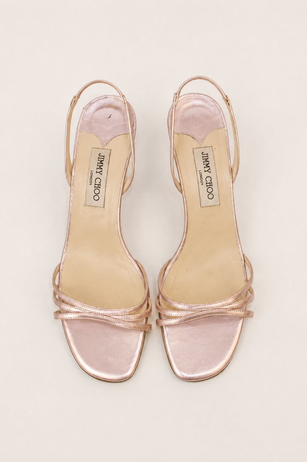 Jimmy Choo — Vintage Rose Metallic Multi-Strap Slingback Kitten Heel