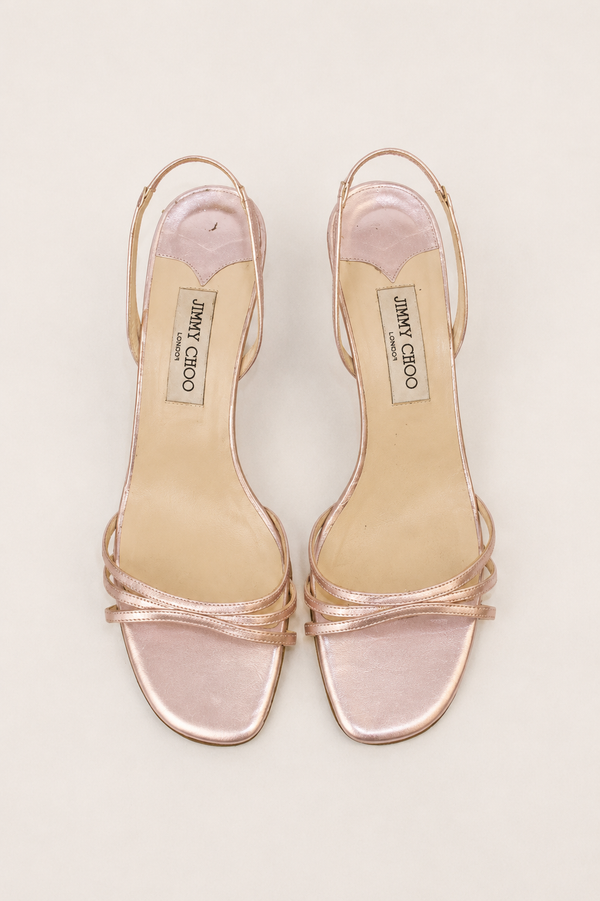 Jimmy Choo — Vintage Rose Metallic Multi-Strap Slingback Kitten Heel