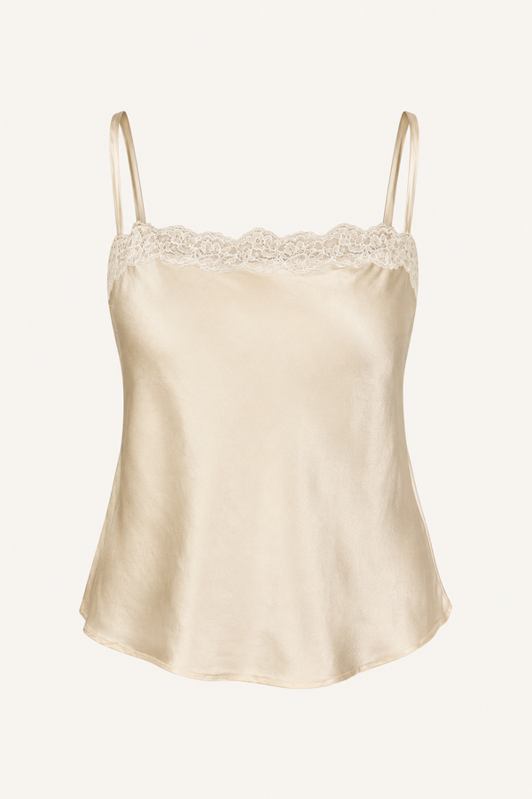 Vintage Champagne Silk Lace-Trim Camisole