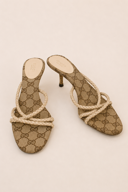 Gucci by Tom Ford — GG Monogram Canvas Braided Leather Strap Kitten Heel Sandal