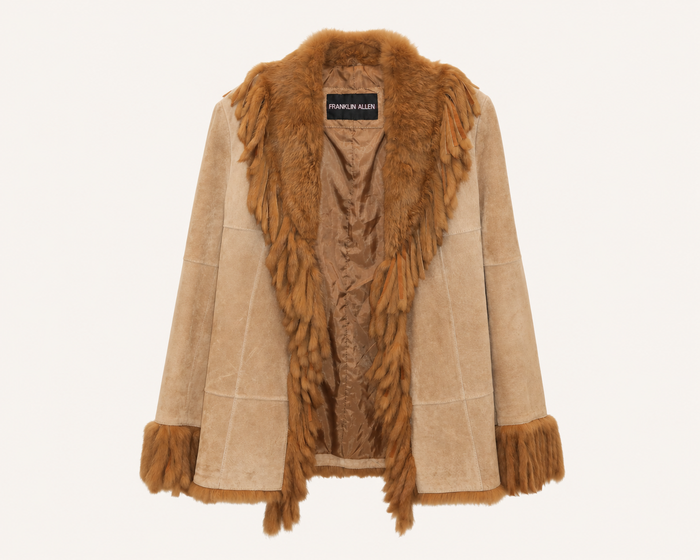 Vintage Shearling-Fringe Suede Coat