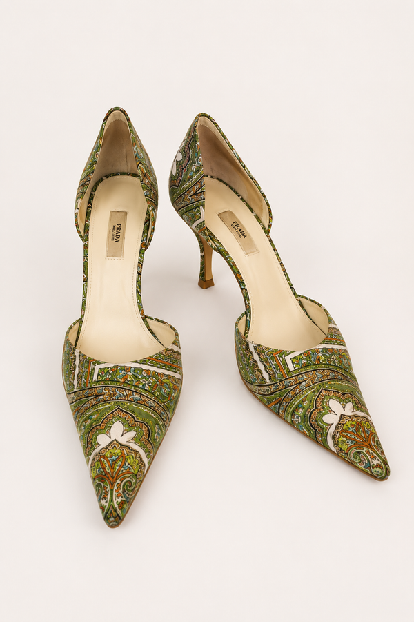 Prada — Vintage Multicolor Paisley Silk Pointed-Toe Pump