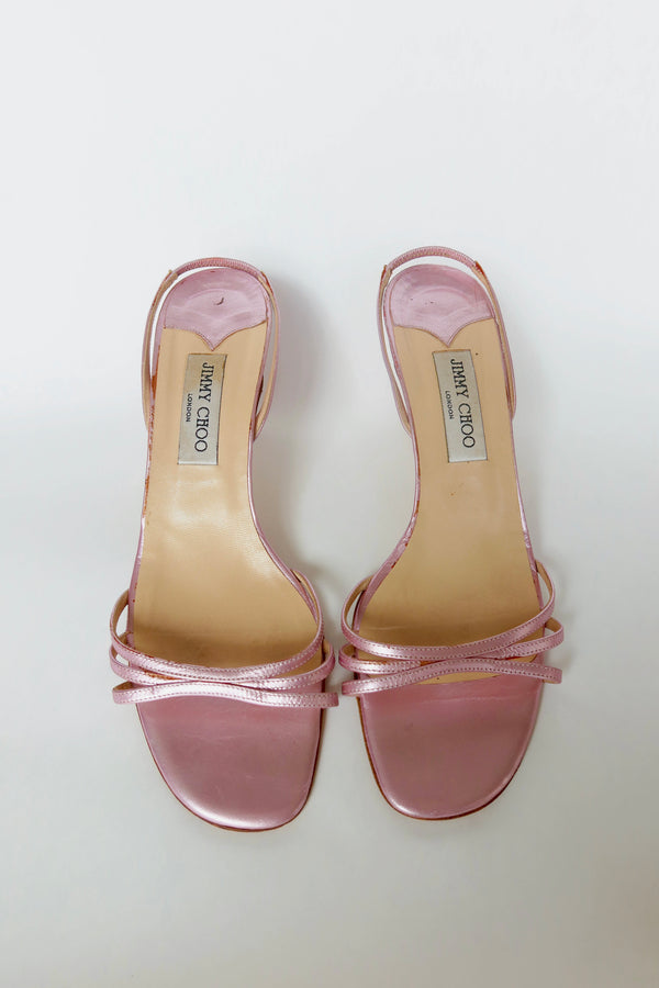 Jimmy Choo — Vintage Rose Metallic Multi-Strap Slingback Kitten Heel