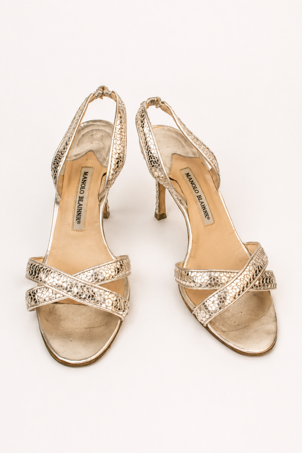 Manolo Blahnik — Silver Sequin Crossover Strap Slingback Sandal