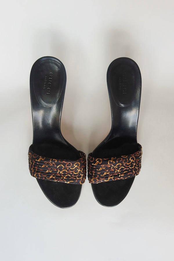 Gucci by Tom Ford — F/W 2002 Silk GG Monogram Braided Kitten Heel Mule