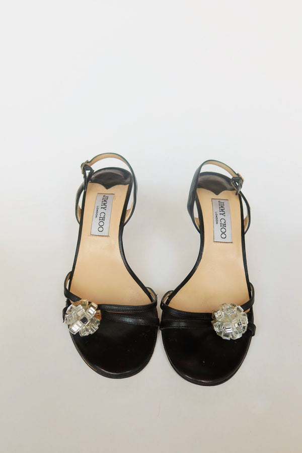 Jimmy Choo — Vintage Black Leather Crystal Cluster "Disco Ball" Slingback Sandal