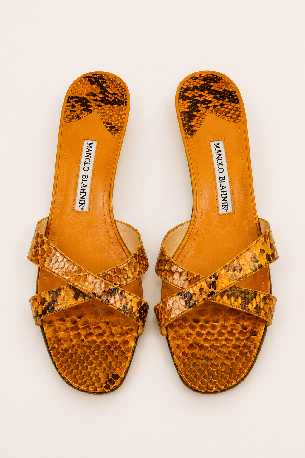 Manolo Blahnik — Vintage Orange Python Snakeskin Cross-Strap Mule