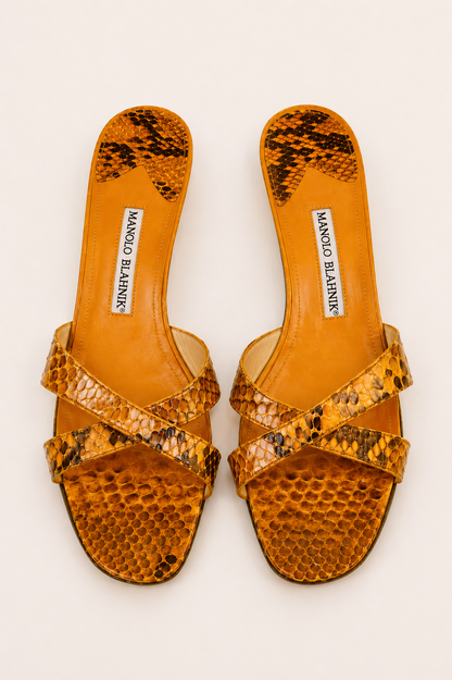Manolo Blahnik — Vintage Orange Python Snakeskin Cross-Strap Mule