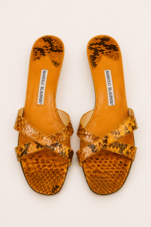 Manolo Blahnik — Vintage Orange Python Snakeskin Cross-Strap Heel
