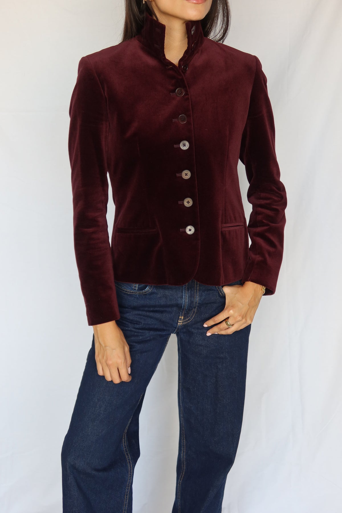 Vintage Ralph Lauren Burgundy Velvet Jacket, Stand Collar