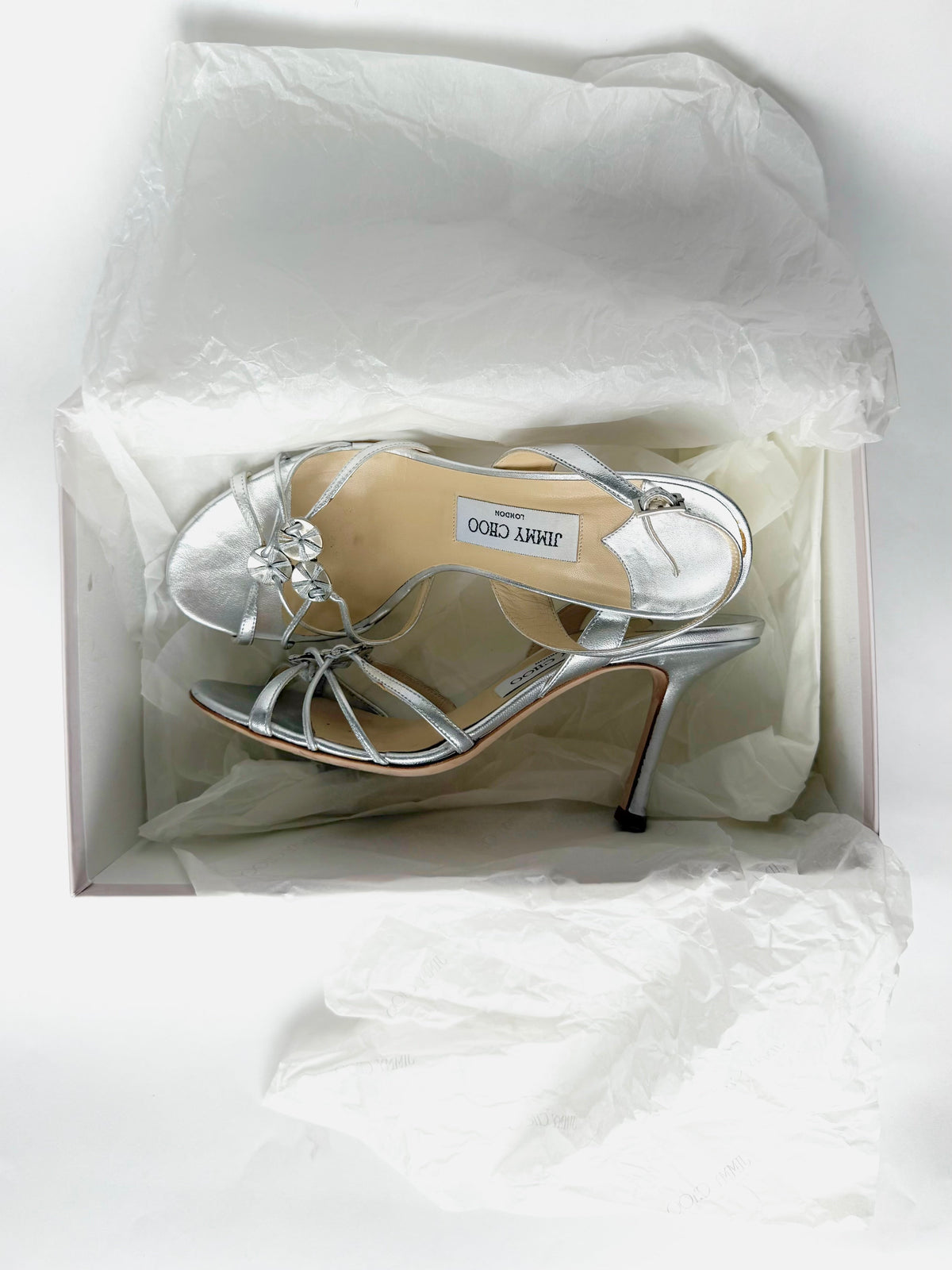 Silver Metallic Leather Disc Strap Slingback Sandal