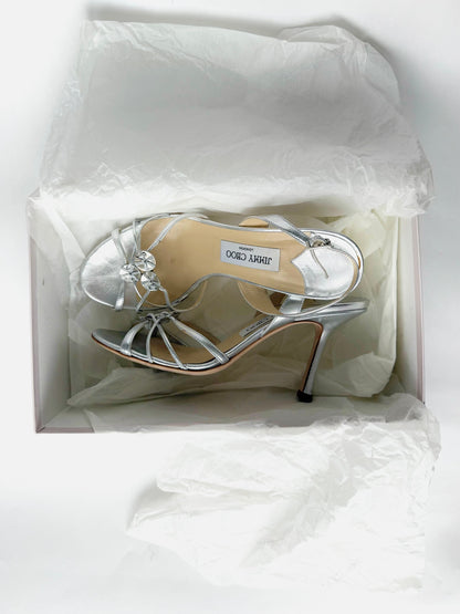 Silver Metallic Leather Disc Strap Slingback Sandal