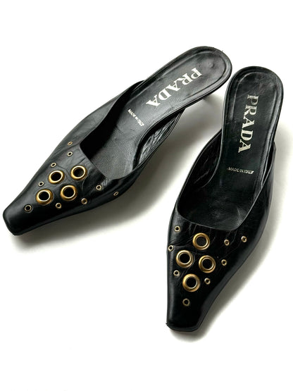 Prada — Vintage Black Leather Grommet Kitten Heel Mule