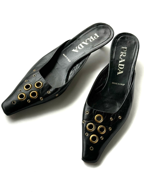 Prada — Vintage Black Leather Grommet Kitten Heel Mule