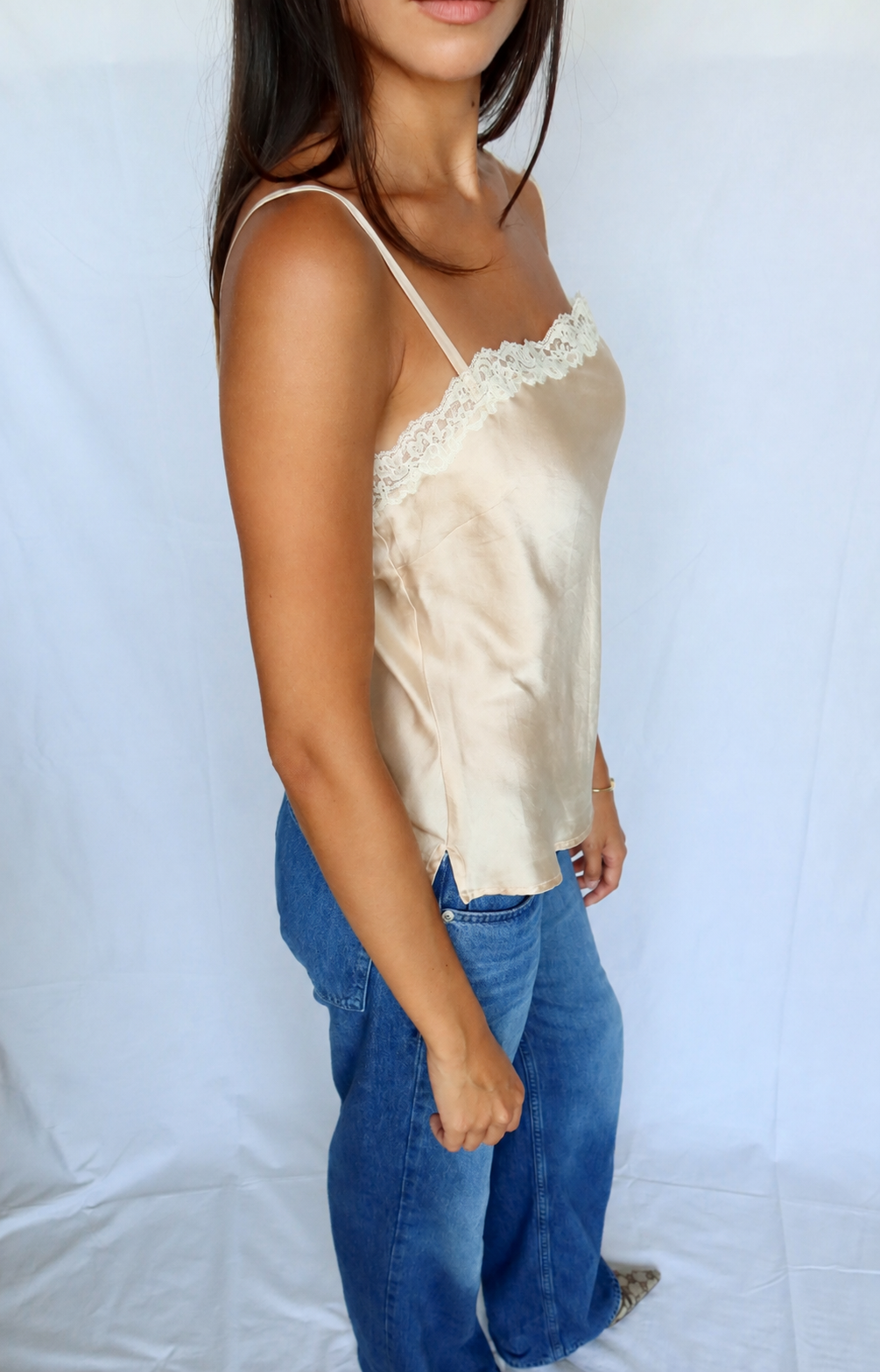Vintage Champagne Silk Lace-Trim Camisole