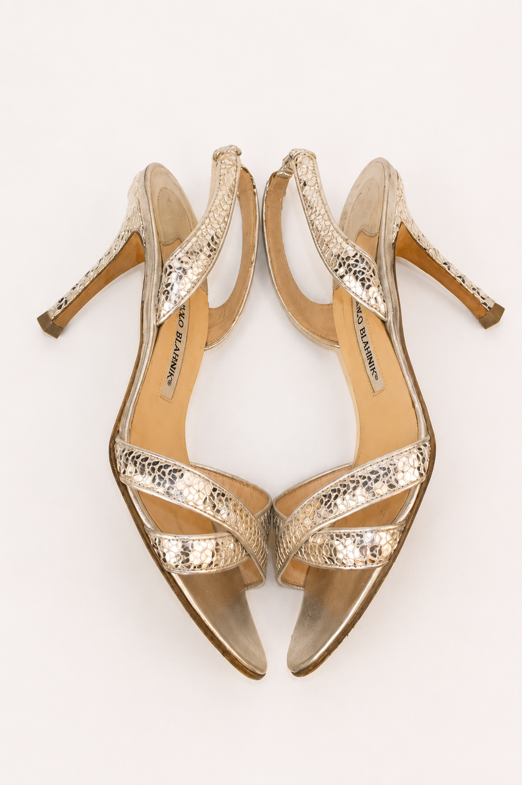 Manolo Blahnik — Silver Sequin Crossover Strap Slingback Sandal