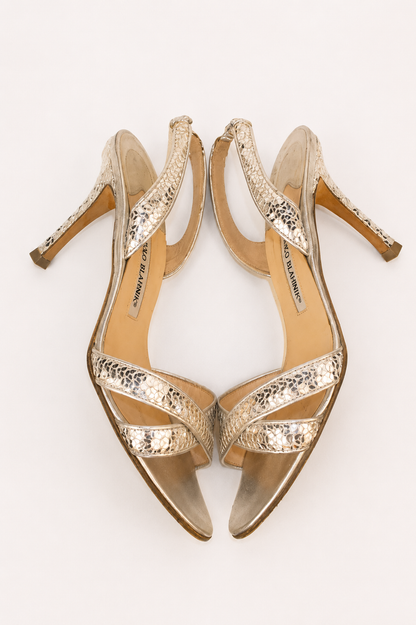 Manolo Blahnik — Silver Sequin Crossover Strap Slingback Sandal
