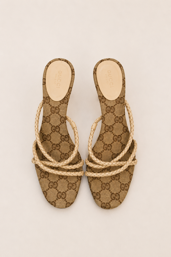 Gucci by Tom Ford — GG Monogram Canvas Braided Leather Strap Kitten Heel Sandal