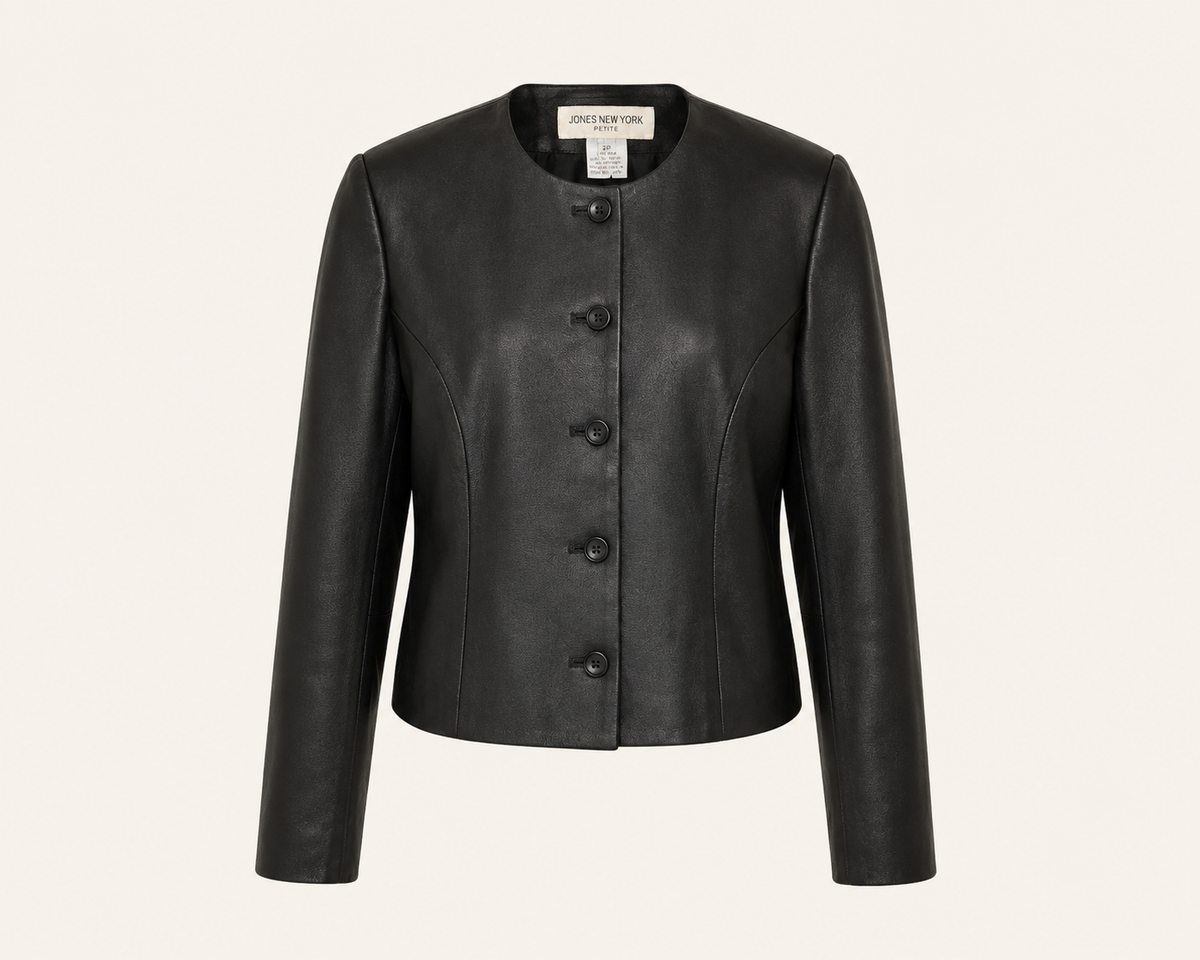 Vintage Collarless Black Leather Jacket