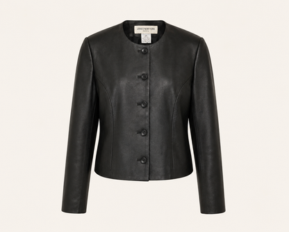 Vintage Collarless Black Leather Jacket