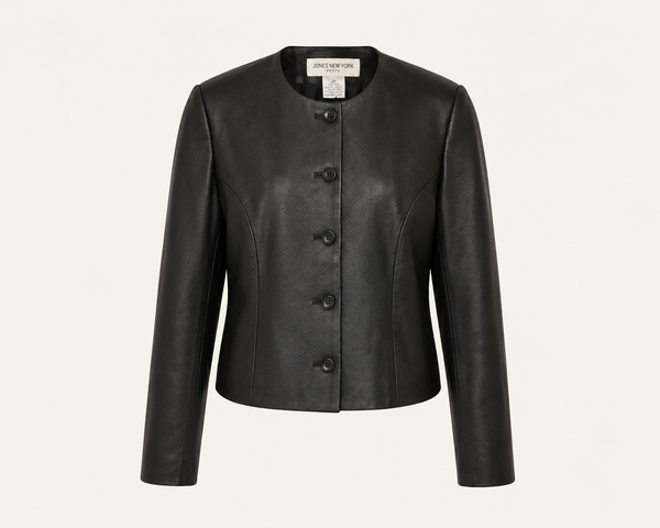 Vintage Collarless Black Leather Jacket