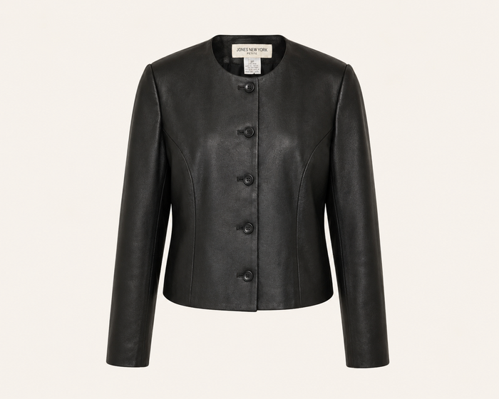 Vintage Collarless Black Leather Jacket