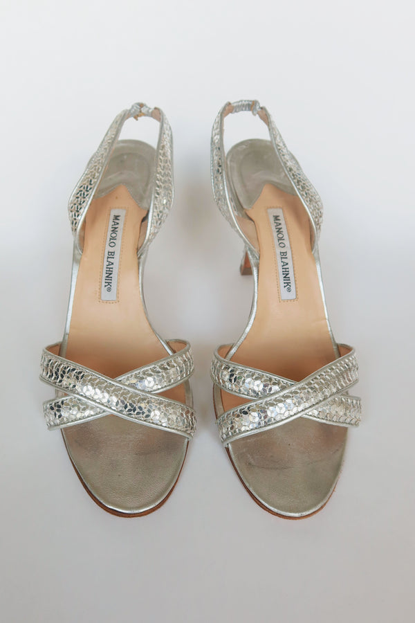 Manolo Blahnik — Silver Sequin Crossover Strap Slingback Sandal