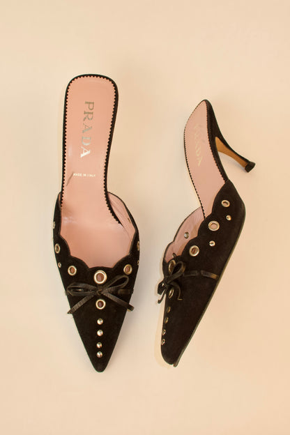 Prada — Vintage Black Suede Studded Grommet Kitten Heel Mule