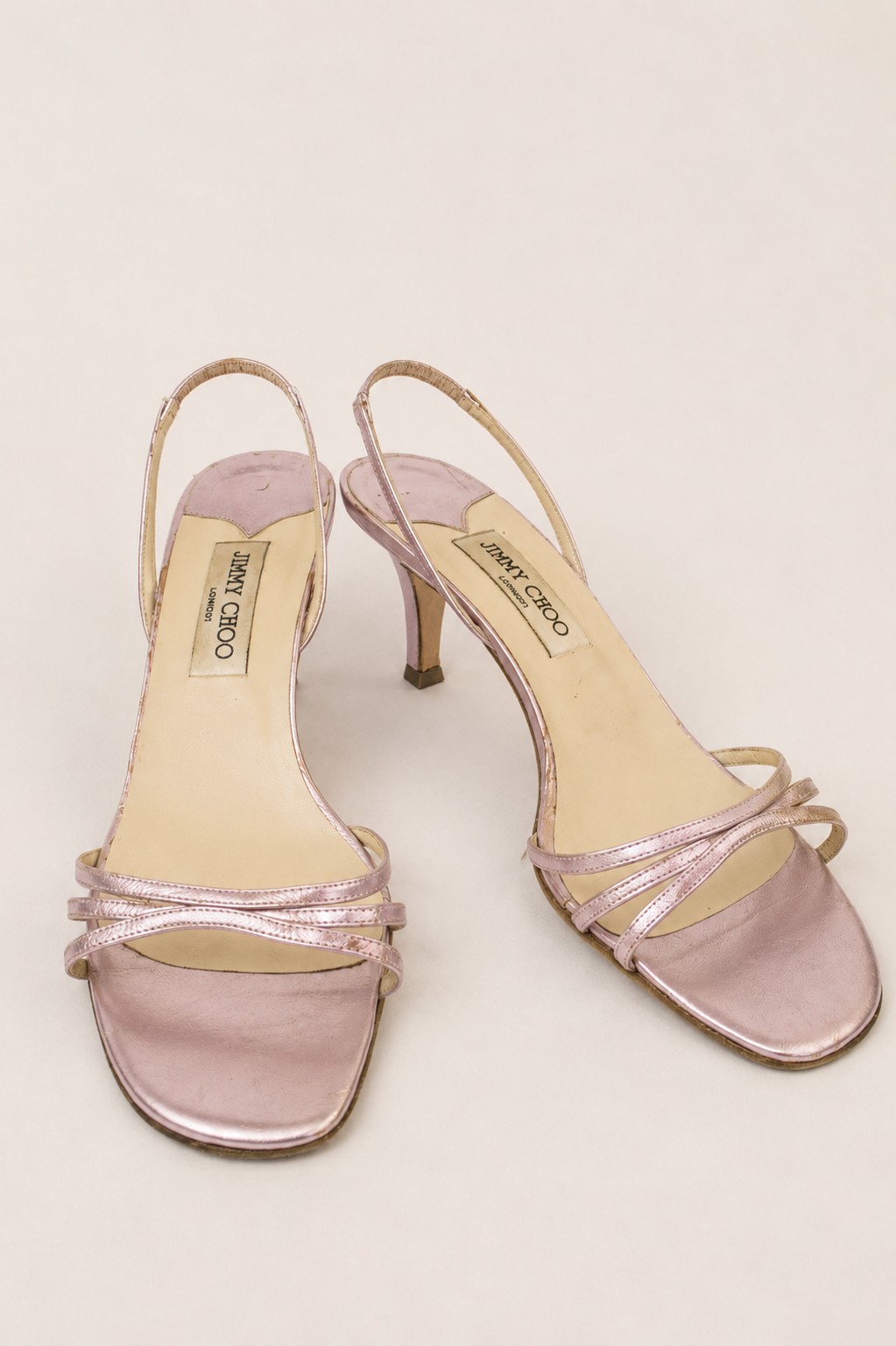 Jimmy Choo — Vintage Rose Metallic Multi-Strap Slingback Kitten Heel