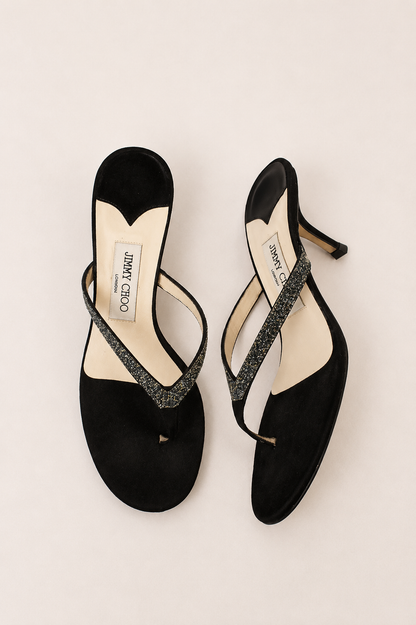 Jimmy Choo — Vintage Black Suede Iridescent Glitter Thong Sandal