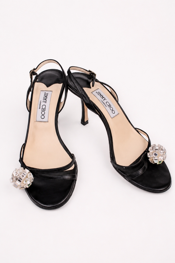 Jimmy Choo — Vintage Black Leather Crystal Cluster "Disco Ball" Slingback Sandal