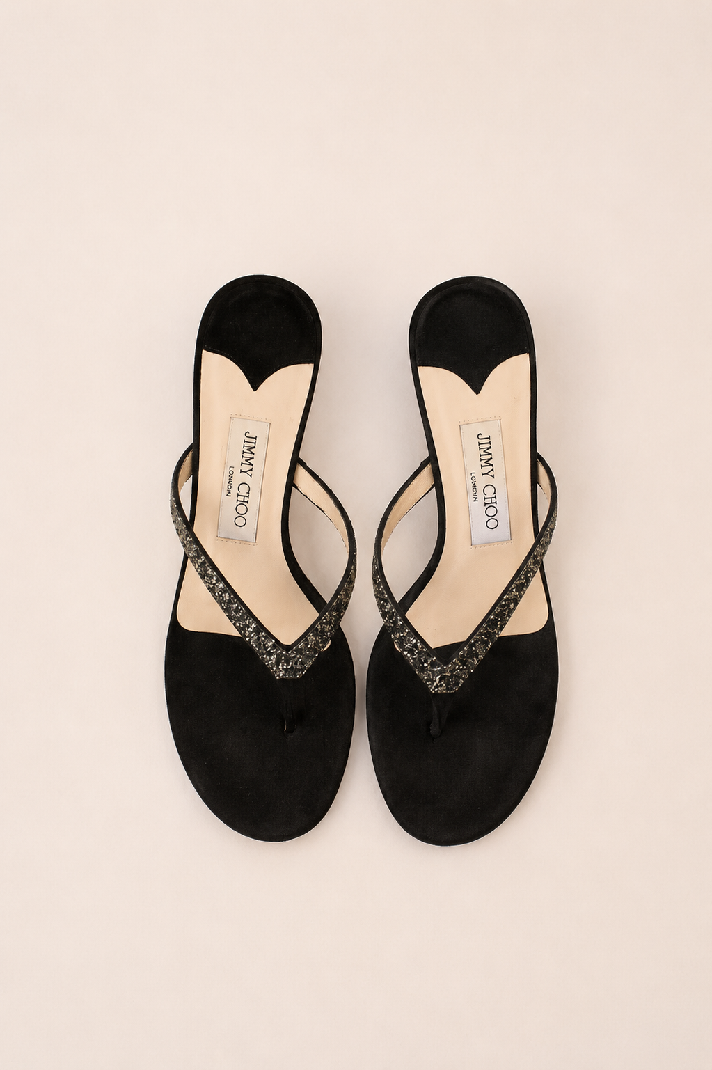 Jimmy Choo — Vintage Black Suede Iridescent Glitter Thong Sandal